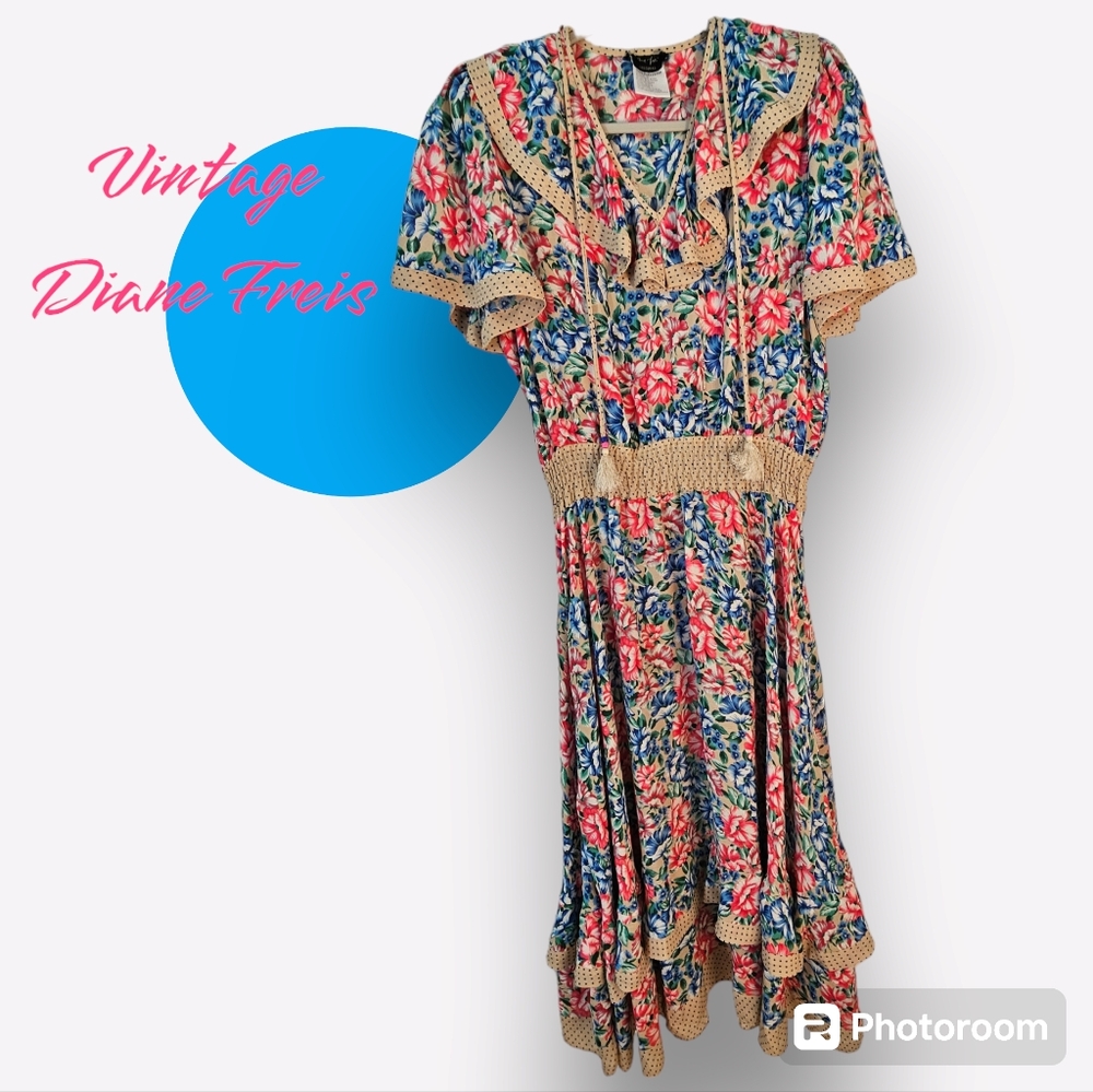 VTG c.1980's Diane Freis Gorgette Floral Free-Size Dress, Size Medium or Large?